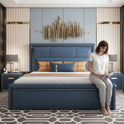 Grande camera da letto blu Letto Designer Letti matrimoniali in ecopelle