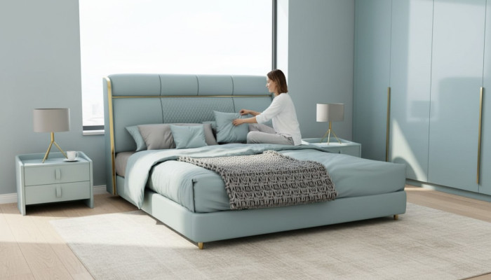 Camera da letto Letto matrimoniale blu Letti di design Struttura in legno Mobili di lusso