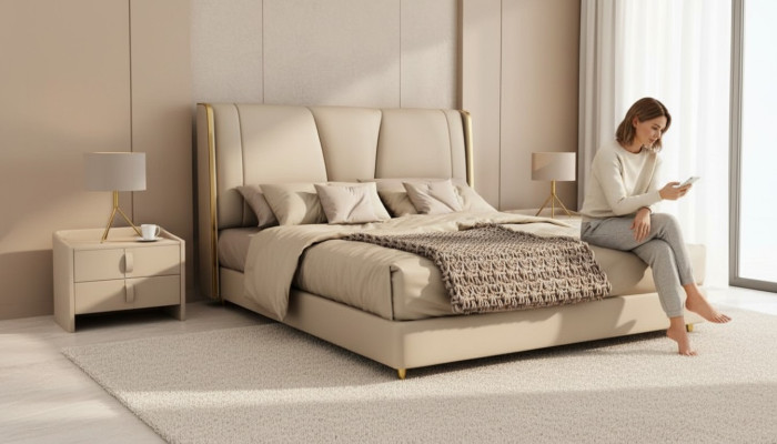 Camera da letto Designer Letto Beige Letti matrimoniali Letti LED Letti in pelle