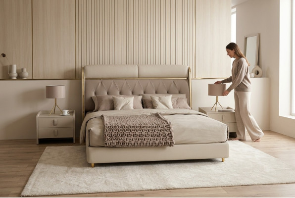 Elegante camera da letto beige letto matrimoniale Letti in tessuto a LED