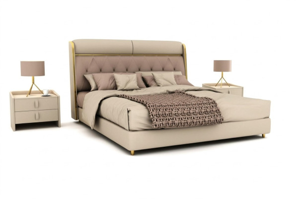 Elegante camera da letto beige letto matrimoniale Letti in tessuto a LED