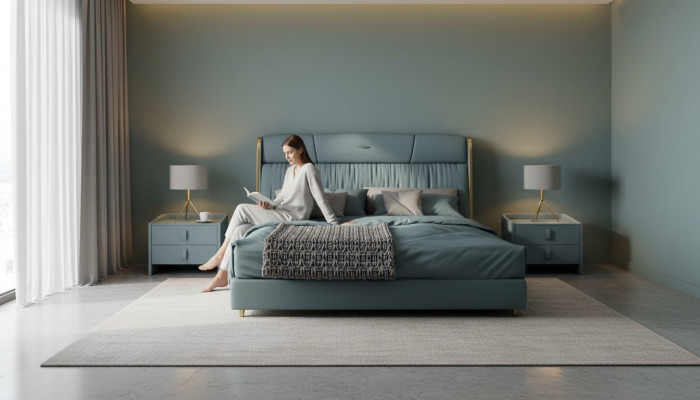 Camera da letto blu Letto matrimoniale Design mobili Letto a LED Legno Letti tessili