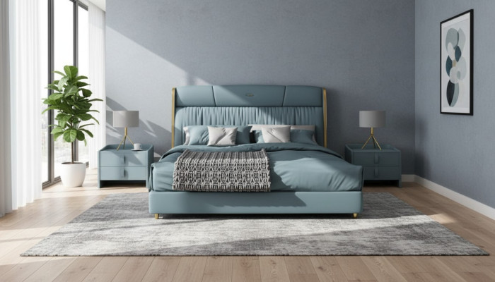Camera da letto blu Letto matrimoniale Design mobili Letto a LED Legno Letti tessili