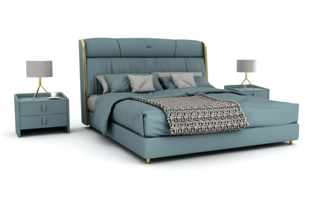 Camera da letto blu Letto matrimoniale Design mobili Letto a LED Legno Letti tessili