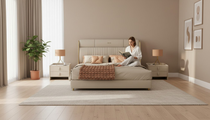 Letto in tessuto beige Mobili da camera da letto eleganti Letti matrimoniali di design