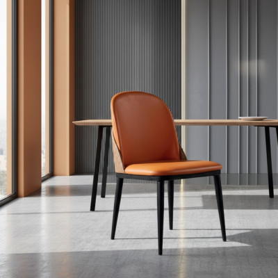 Sedia arancione da pranzo designer in legno e tessuto singola.