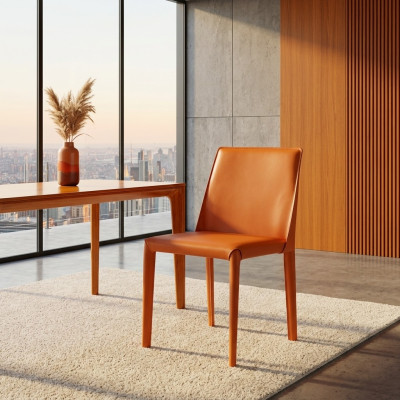 Sedia in ecopelle arancione, mobili da sala da pranzo, sedie moderne con struttura in legno, nuove.