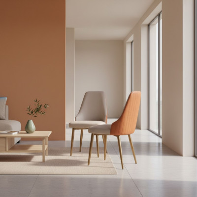 Sedie da pranzo arancioni e beige in pelle di lusso, sedie da cucina in legno.
