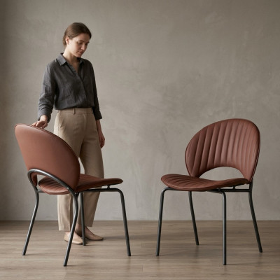 Sedia da pranzo marrone di lusso, poltrona in pelle da cucina con schienale in legno