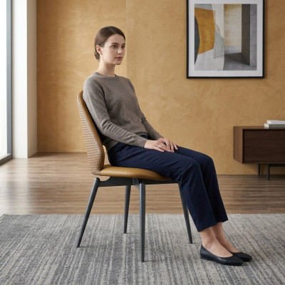 Sedia in pelle marrone, moderno stile da sala da pranzo, poltrona singola, eleganti sedie in legno.