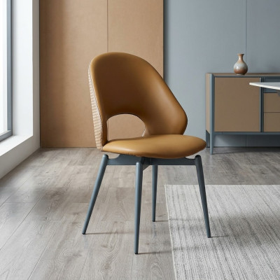 Sedia in pelle marrone, moderno stile da sala da pranzo, poltrona singola, eleganti sedie in legno.
