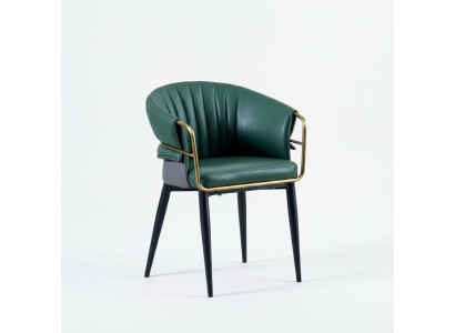 Sedia da pranzo verde in poliuretano con gambe in legno, design, mobile in acciaio inox.