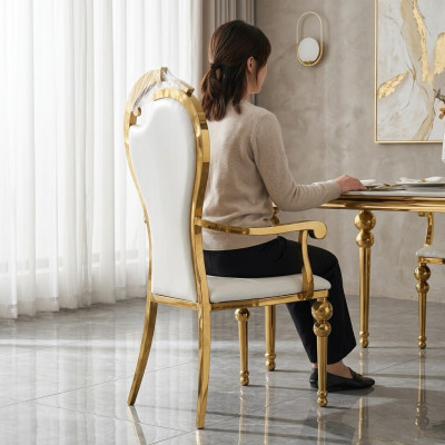 Sedia classica per sala da pranzo bianco e dorato, sedie imbottite in legno, nuove.