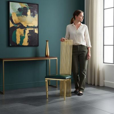 Sedia alta da pranzo verde-oro per lussuosi salottini in legno con imbottitura
