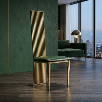 Sedia alta da pranzo verde-oro per lussuosi salottini in legno con imbottitura