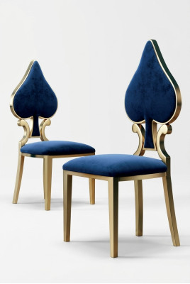 Sedia da pranzo blu-oro moderna monoposto imbottita e in legno.
