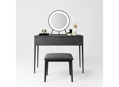 Grigio tavolo da trucco, toletta design con cassetti e cassettiera per cosmetici.