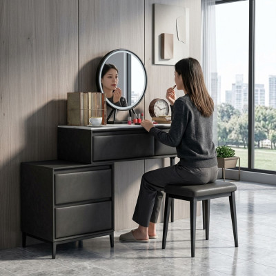 Camera da letto Specchiera per trucco con cassetti, sedia nera