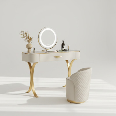 Tavolo beige da toeletta con design e cassetti.