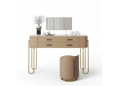 Mobile da toeletta marrone con cassettiera e specchiera, design di lusso.