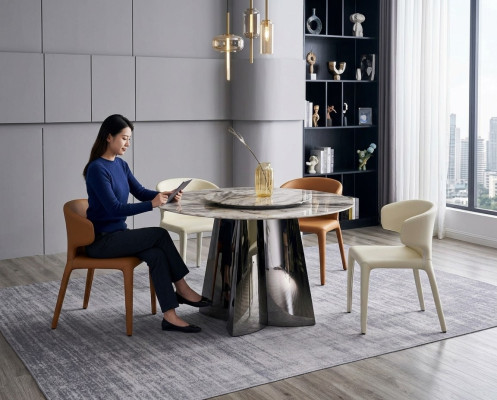 Designer tavolo rotondo di lusso con 4 sedie in pelle, gruppo da pranzo, mobili moderni.