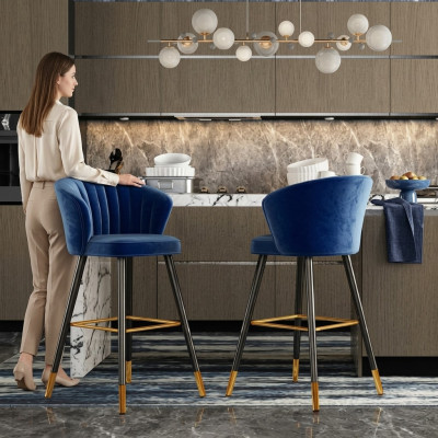 Sgabello da bar blu, design di mobili in acciaio inossidabile imbottito, 1 posto a sedere, gambe in legno.