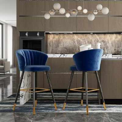 Sgabello da bar blu, design di mobili in acciaio inossidabile imbottito, 1 posto a sedere, gambe in legno.
