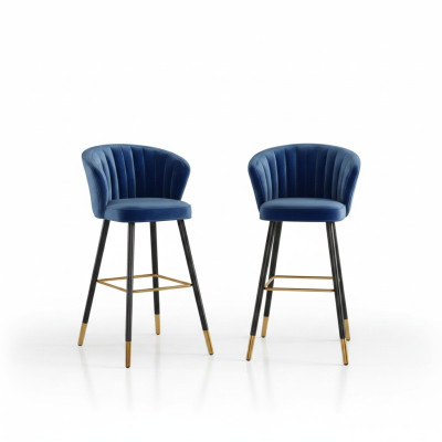 Sgabello da bar blu, design di mobili in acciaio inossidabile imbottito, 1 posto a sedere, gambe in legno.