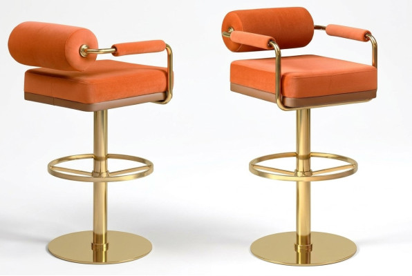 Sgabello da bar in arancio, sedile in acciaio inossidabile, poltrona elegante, mobili da lounge moderni.
