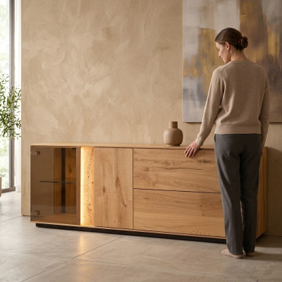 Mobile porta televisore in legno per soggiorno con ante e ripiani RTV. Nuovo mobile TV basso.