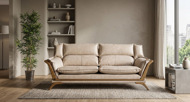 Divani di lusso in pelle beige a 3 posti, mobili imbottiti, arredamento in pelle per soggiorno.