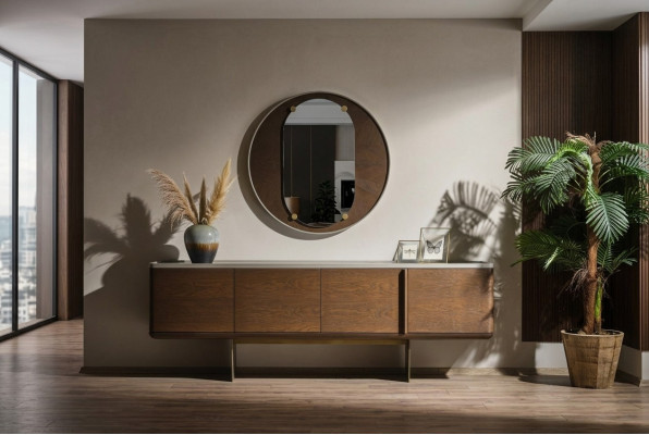 Mobile marrone Mobilio in legno moderno Lusso Specchio rotondo Soggiorno 2 pezzi