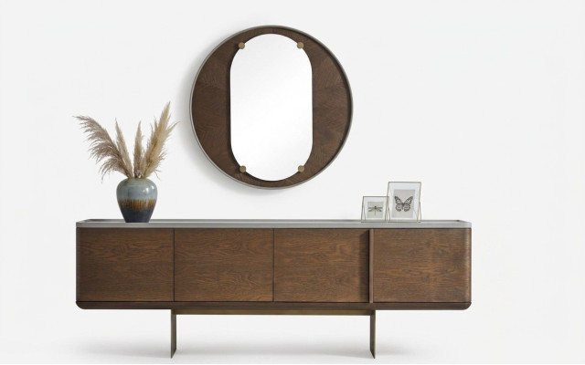 Mobile marrone Mobilio in legno moderno Lusso Specchio rotondo Soggiorno 2 pezzi