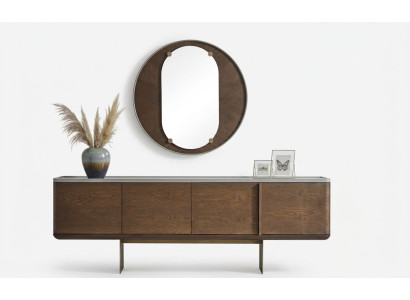 Mobile marrone Mobilio in legno moderno Lusso Specchio rotondo Soggiorno 2 pezzi