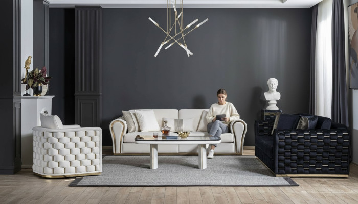 Set soggiorno blu-beige di lusso, set divano design da 3+3+1 posti