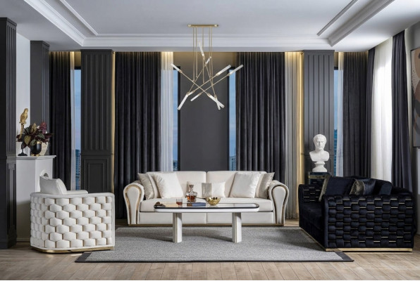 Set soggiorno blu-beige di lusso, set divano design da 3+3+1 posti