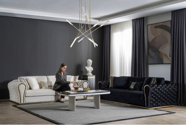 Divano bianco nero 3 + 3 con 2 poltrone design di lusso.