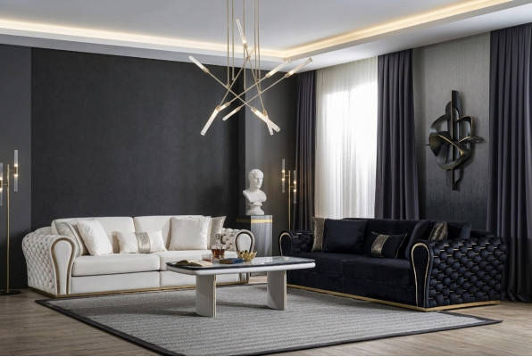 Divano bianco nero 3 + 3 con 2 poltrone design di lusso.