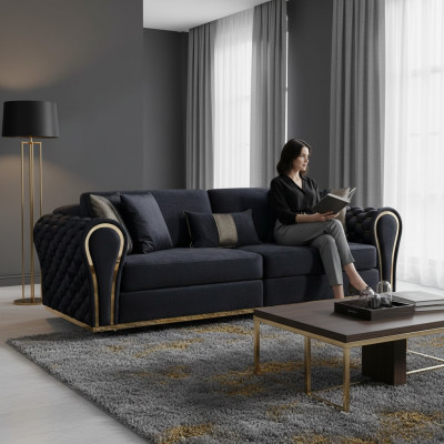 Elegante divano di lusso a tre posti nero per il soggiorno.