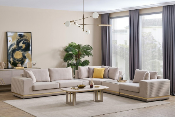 Soggiorno Divano ad angolo beige chiaro a forma di L Divano moderno in tessuto Mobili