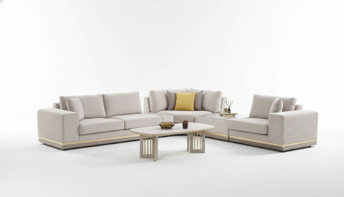 Soggiorno Divano ad angolo beige chiaro a forma di L Divano moderno in tessuto Mobili