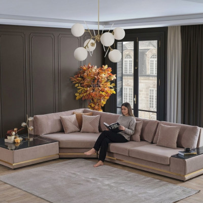 Beige divano ad angolo designer L-forma, imbottito, lussuoso divano salotto.