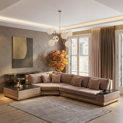 Beige divano ad angolo designer L-forma, imbottito, lussuoso divano salotto.