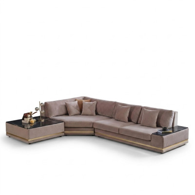 Beige divano ad angolo designer L-forma, imbottito, lussuoso divano salotto.