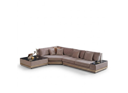 Beige divano ad angolo designer L-forma, imbottito, lussuoso divano salotto.