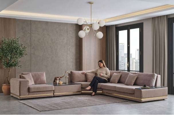 Beige divano a L designer per zona giorno, divano elegante, nuovi divani.