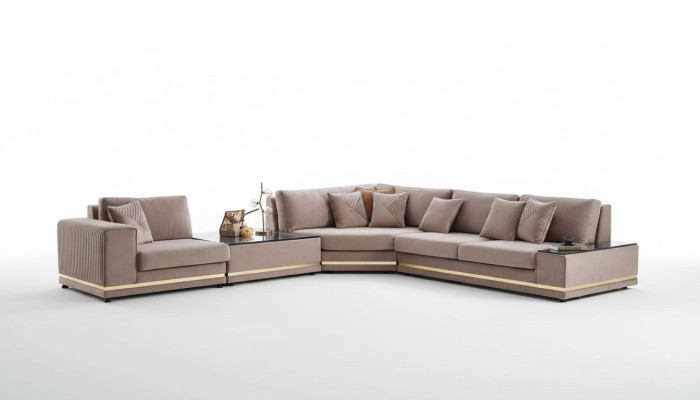 Beige divano a L designer per zona giorno, divano elegante, nuovi divani.