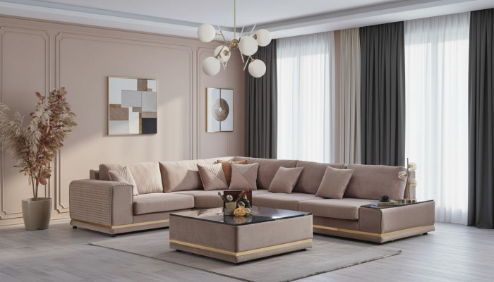 Set soggiorno beige. Elegante divano a L in stile designer con pouf.