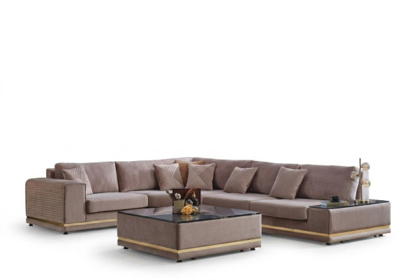 Set soggiorno beige. Elegante divano a L in stile designer con pouf.