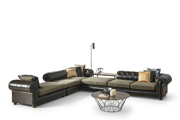 Salotto verde-nero Chesterfield a forma di L nuovo divano imbottito.